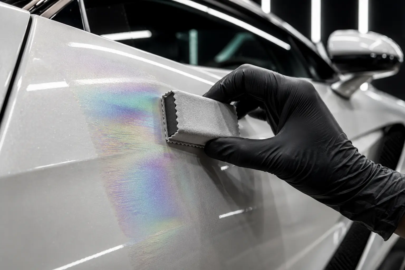 Gloved hand applying ceramic coating to a car door, the coating flashing in rainbow colors before leveling