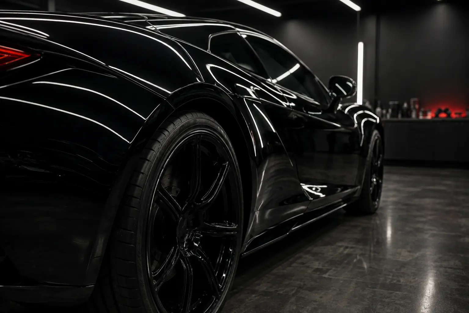 Rear fender of a gloss black supercar after paint correction, light bars reflected as sharp lines in flawless paint