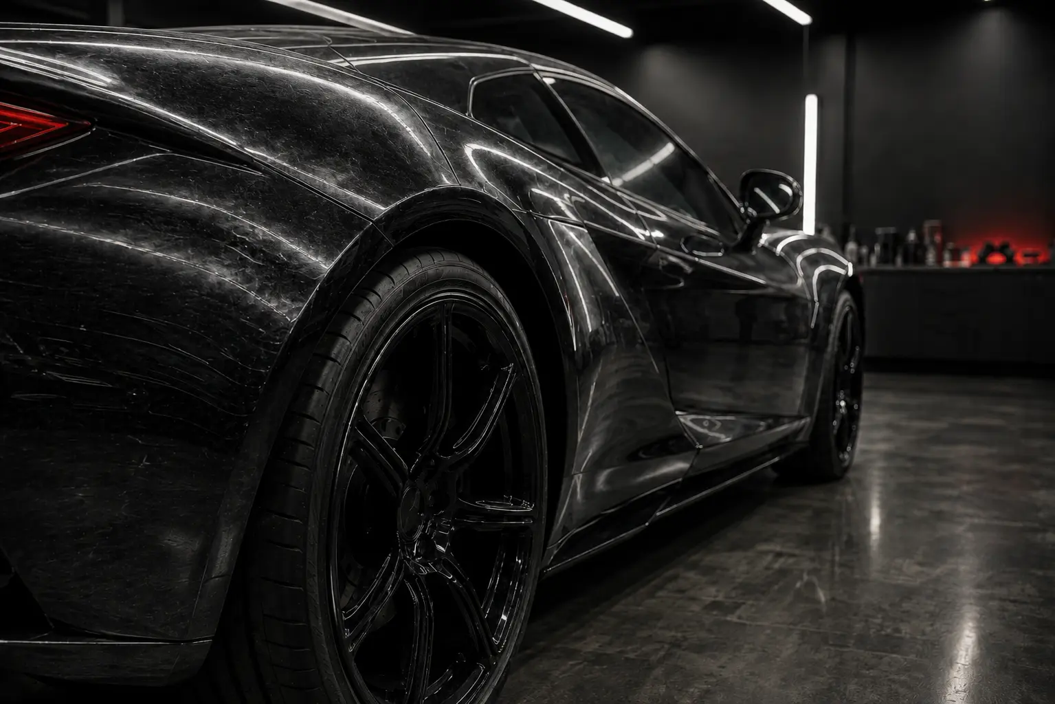 The same fender before correction, with swirl marks and haze around the reflected light bars