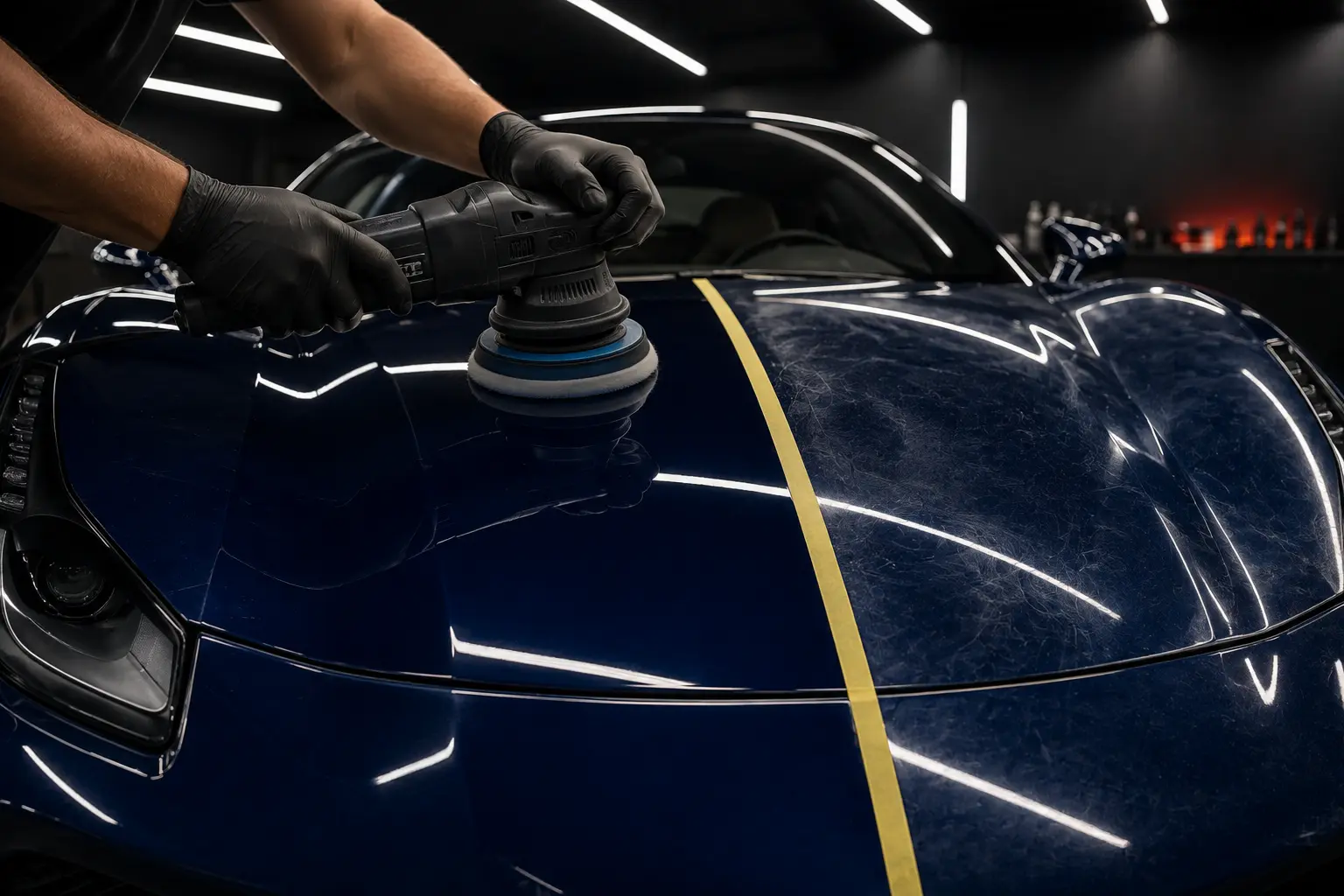 Technician machine polishing the hood of a dark supercar, with a tape line splitting corrected and uncorrected paint