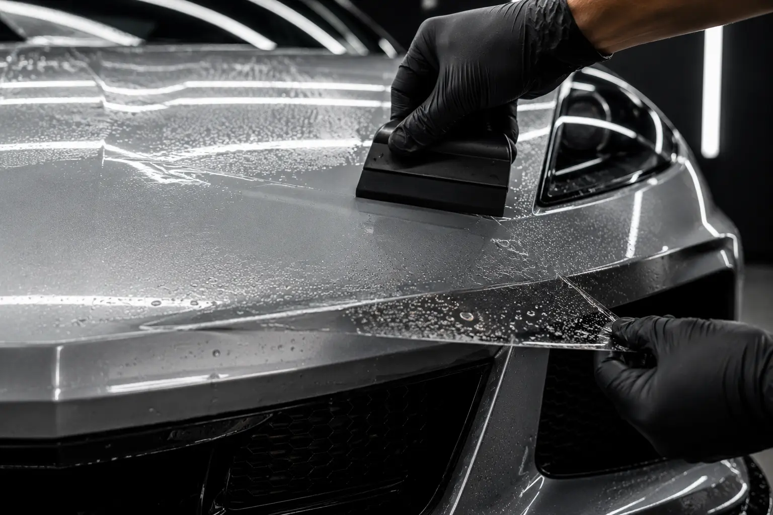 Gloved hands squeegeeing clear paint protection film onto the front bumper of a silver supercar