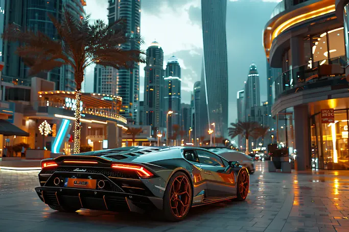 A Lamborghini on a city street at night
