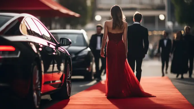 Guests arriving on a red carpet beside an exotic car