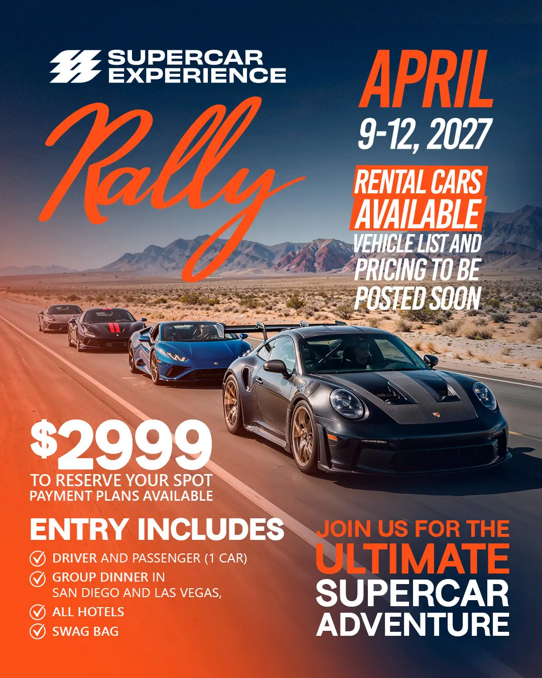 Supercar Experience Rally flyer — April 9–12, 2027